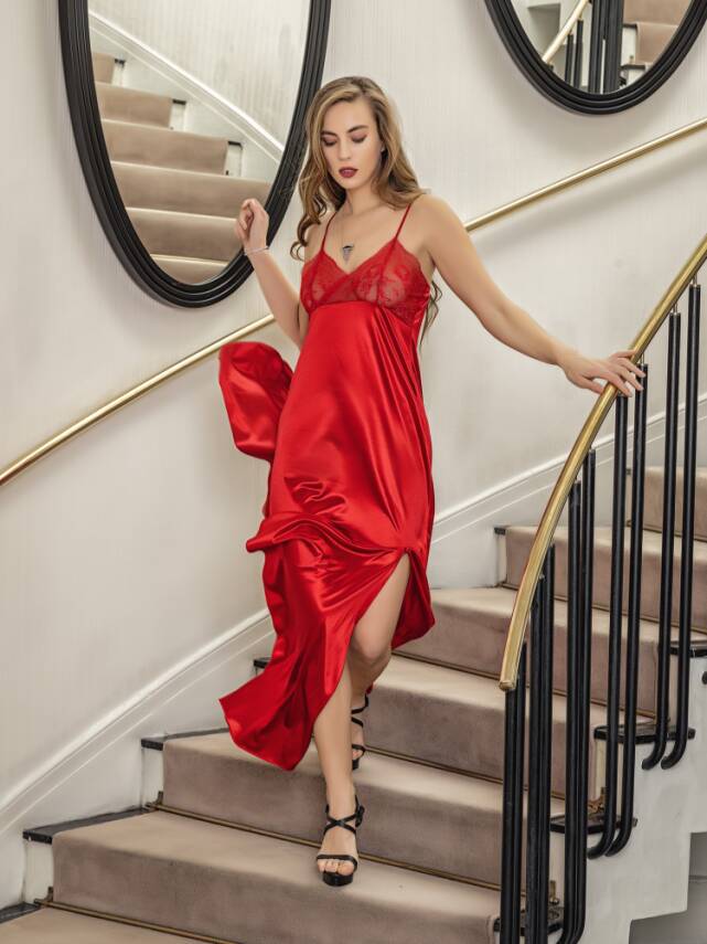 DANTELLİ UZUN YIRTMAÇLI SATEN GECELİK KIRMIZI - 2