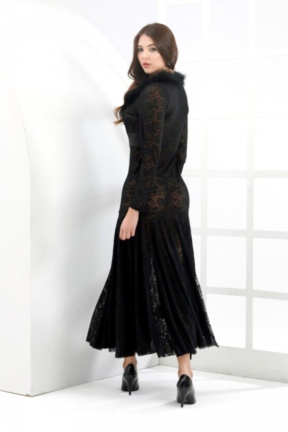 FANTEZİ YAKASI TÜL DETAYLI UZUN ELBİSE  - 1