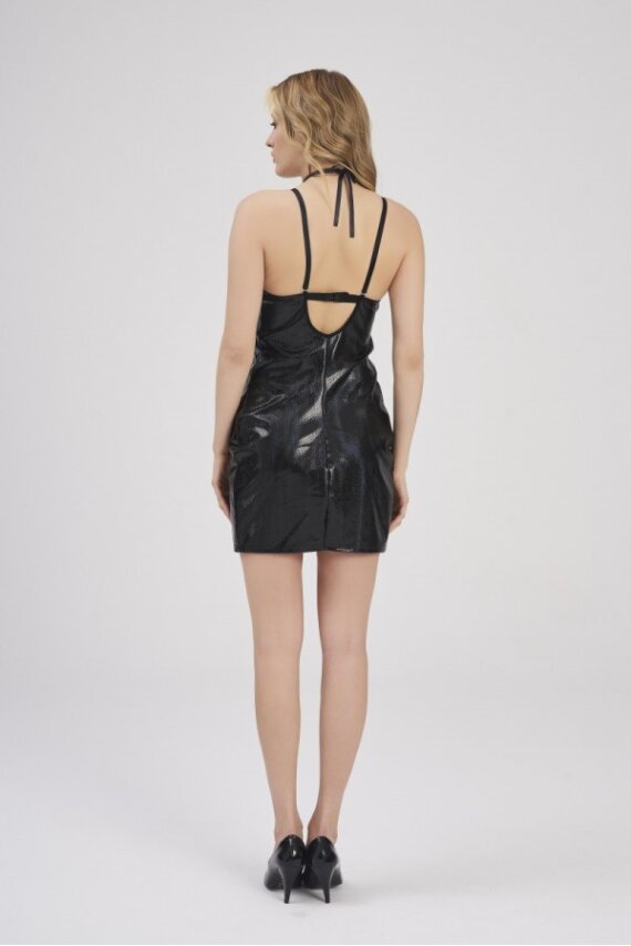 SİYAH YILAN DESENLİ DERİ ELBİSE  - 2